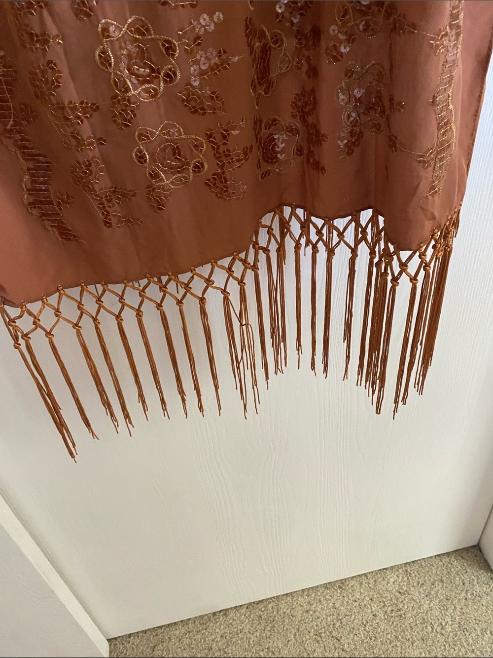 Embellished Fringe Wrap Scarf in Rust - Picture 3 of 4